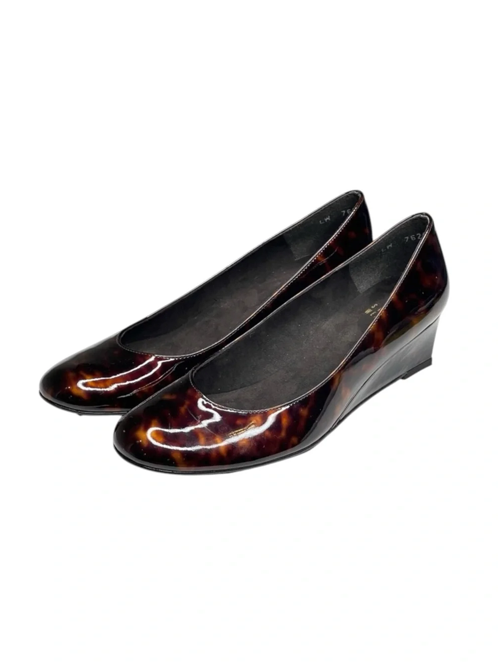 new Stuart Weitzman ᪥ Nusimple Patent Demi Wedge Heel Loafer ᪥ Cognac Tortoise 7